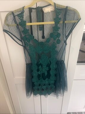Areve Teal Lace Mesh Peplum Top